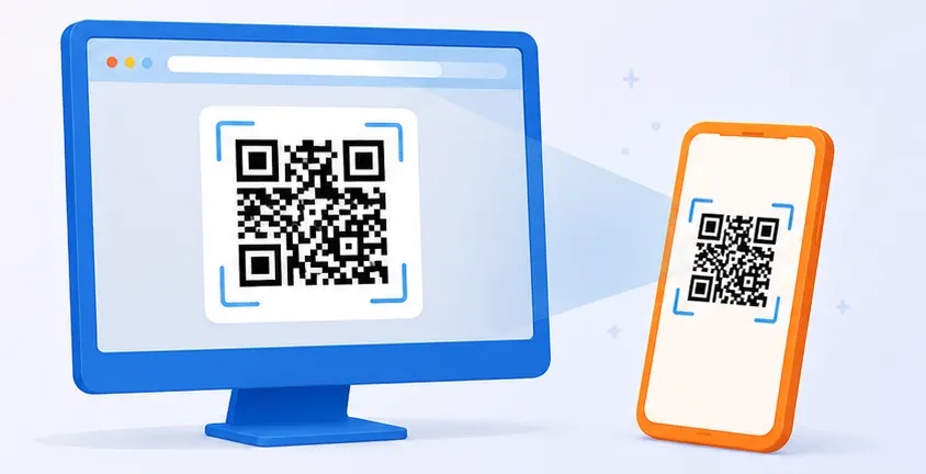 Desktop browser showing a QR code next to a paired phone.