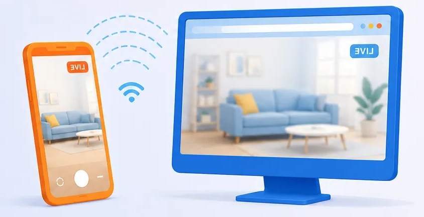 Phone camera streaming live video to a desktop browser.